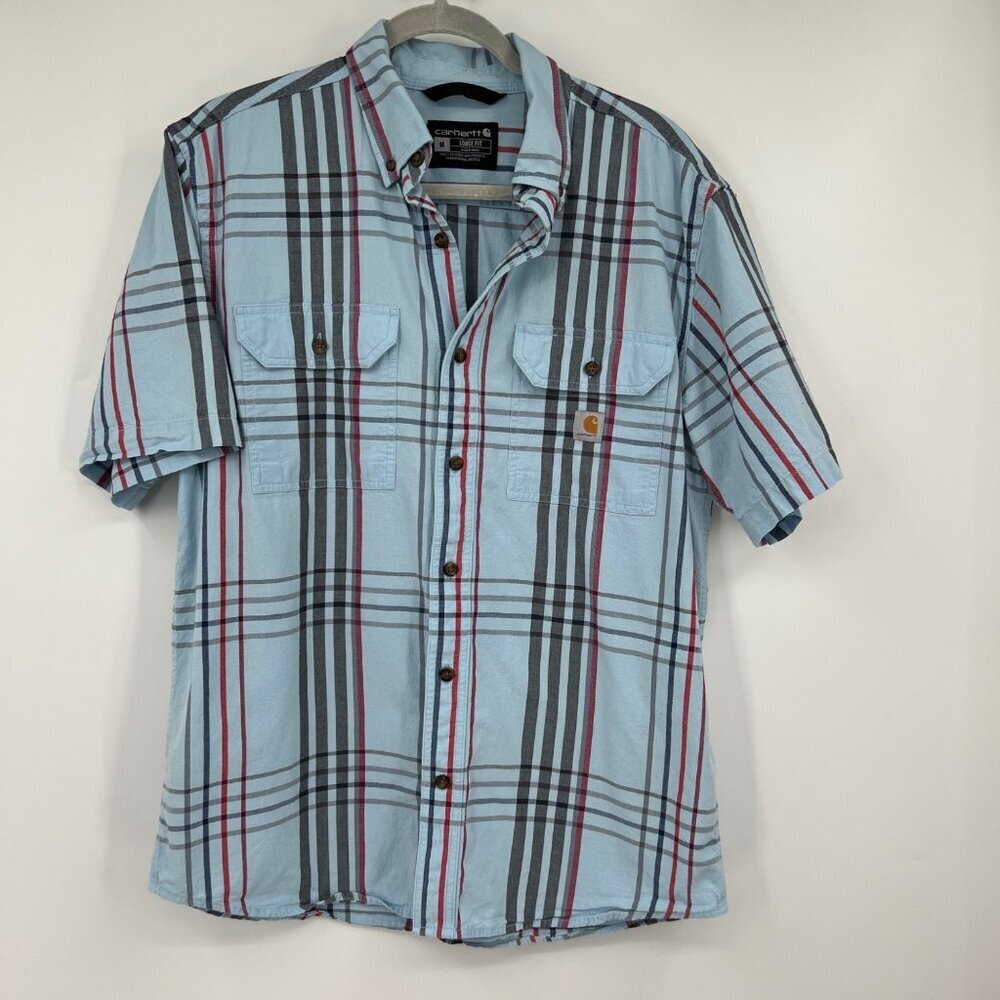 Carhartt Men's 105175 Loose Fit Midweight Short Sleeve Plaid Shirt Powder Blue s